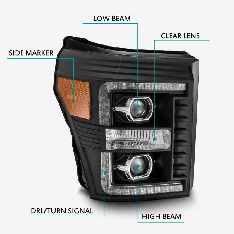 Load image into Gallery viewer, AlphaRex 11-16 Ford F-250 SD PRO-Series Projector Headlights Plank Style Design Black w/Seq Signal