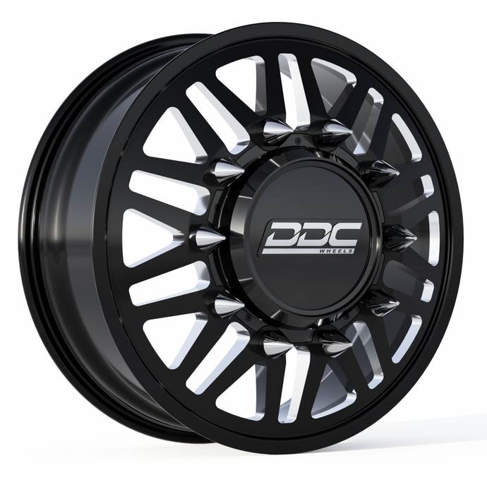 DDC Wheels | 2011-2023 GM Silverado / Sierra 3500 Dually Wheel Kit Aftermath Black / Milled 22X8.25 8X210 154.2Cb 12.50 Tire | 01BM-210-28-12