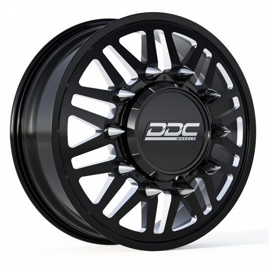 DDC Wheels | 2011-2023 GM Silverado / Sierra 3500 Dually Wheel Kit Aftermath Black / Milled 20X8.25 8X210 154.2Cb 12.50 Tire | 01BM-210-08-12