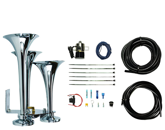 Load image into Gallery viewer, PacBrake | Basic Triple Train Horn Kit For Onboard Air Cast Zinc Alloy / Stainless Steel Chrome Finish