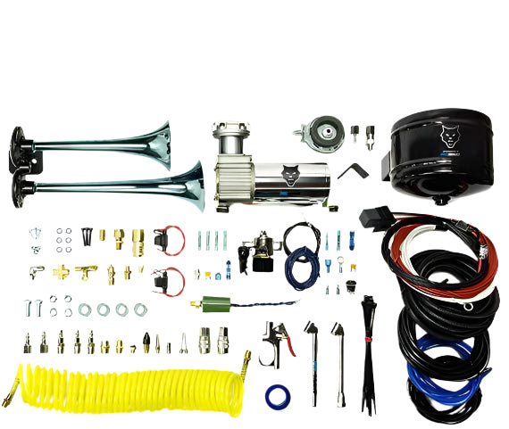 Load image into Gallery viewer, PacBrake | Premium Dual Air Horn Kit W/ Air Horn Kit (HP10073) And Onboard Air Kit (HP10163)