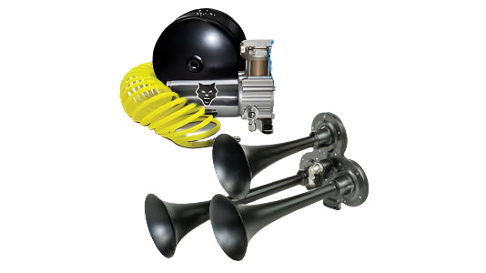 Load image into Gallery viewer, PacBrake | Premium Trio Air Horn Kit W/ Air Horn Kit (HP10235) And Onboard Air Kit (HP10163)Matte Black