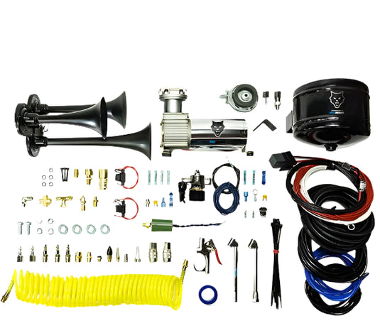 PacBrake | Premium Trio Air Horn Kit W/ Air Horn Kit (HP10235) And Onboard Air Kit (HP10163)Matte Black