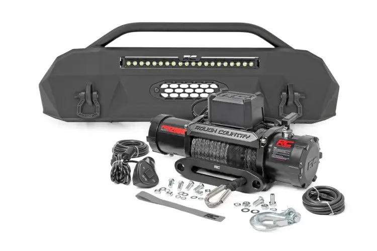 Load image into Gallery viewer, Rough Country | 2016-2023 Toyota Tacoma 4WD Hybrid Front Bumper - With PRO9500S Winch - Black With White DRL Lights