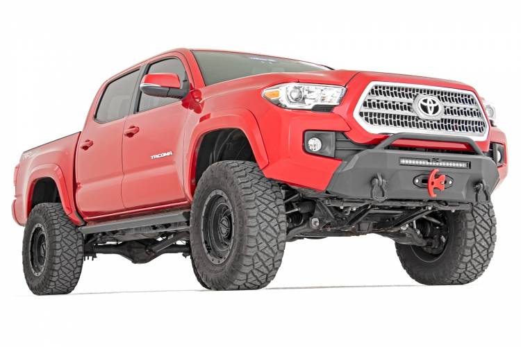 Load image into Gallery viewer, Rough Country | 2016-2023 Toyota Tacoma 4WD Hybrid Front Bumper - With PRO9500S Winch - Black With White DRL Lights