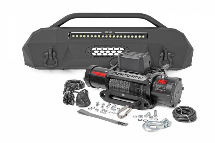 Load image into Gallery viewer, Rough Country | 2016-2023 Toyota Tacoma 4WD Hybrid Front Bumper - With PRO9500S Winch - Black With White DRL Lights