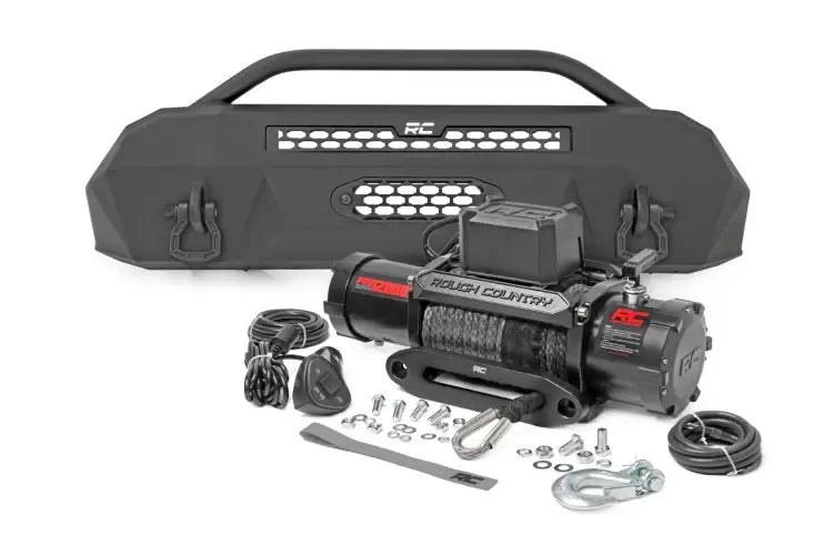 Load image into Gallery viewer, Rough Country | 2016-2023 Toyota Tacoma 4WD Hybrid Front Bumper - With PRO9500S Winch - Black With White DRL Lights