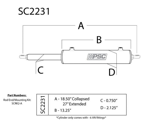 PSC 1.75 Inch Bore X 8.75 Inch Stroke Single Ended Steering Assist SC2231