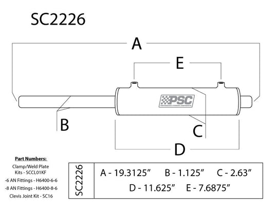 PSC 2.25 Inch Bore X 6 Inch Stroke Double Ended Steering Cylinder SC2226