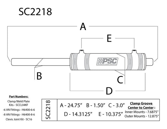 PSC 2.5 Inch Bore X 8.75 Inch Stroke Double Ended Steering Cylinder SC2218
