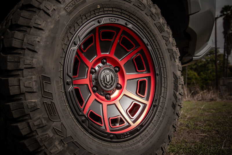 Load image into Gallery viewer, ICON Victory 17x8.5 6x120 0mm Offset 4.75in BS Satin Black w/Red Tint Wheel
