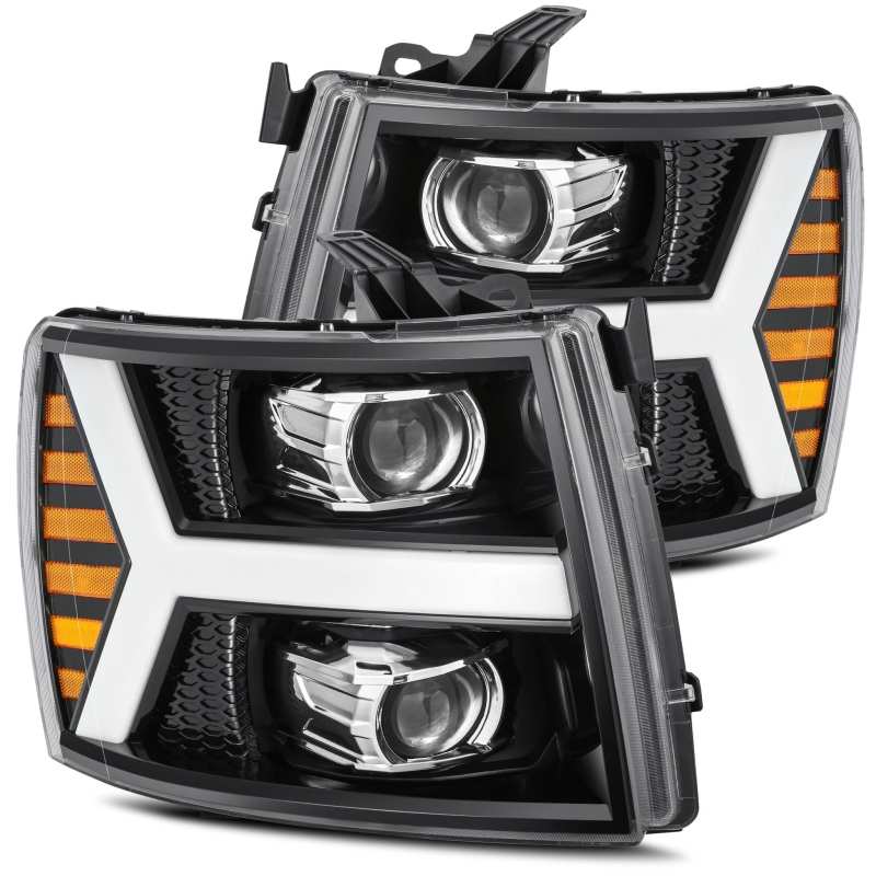 Load image into Gallery viewer, AlphaRex 07-13 Chevy 1500 LUXX LED Proj Headlights Plank Style Jet Blk w/ Activ Light/Seq Signal/DRL
