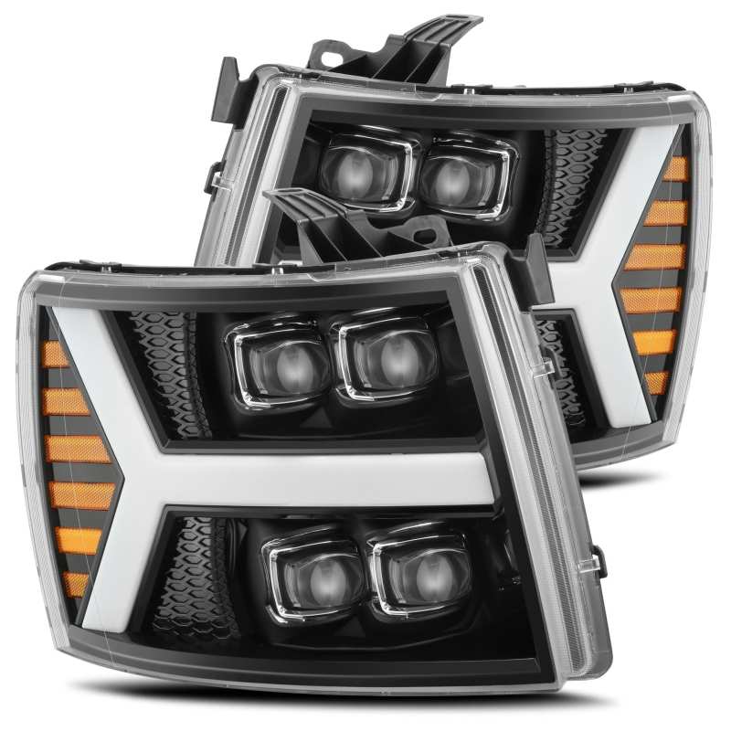 Load image into Gallery viewer, AlphaRex 07-13 Chevy 1500HD NOVA LED Proj Headlights Plank Style Gloss Blk w/Activ Light/Seq Signal
