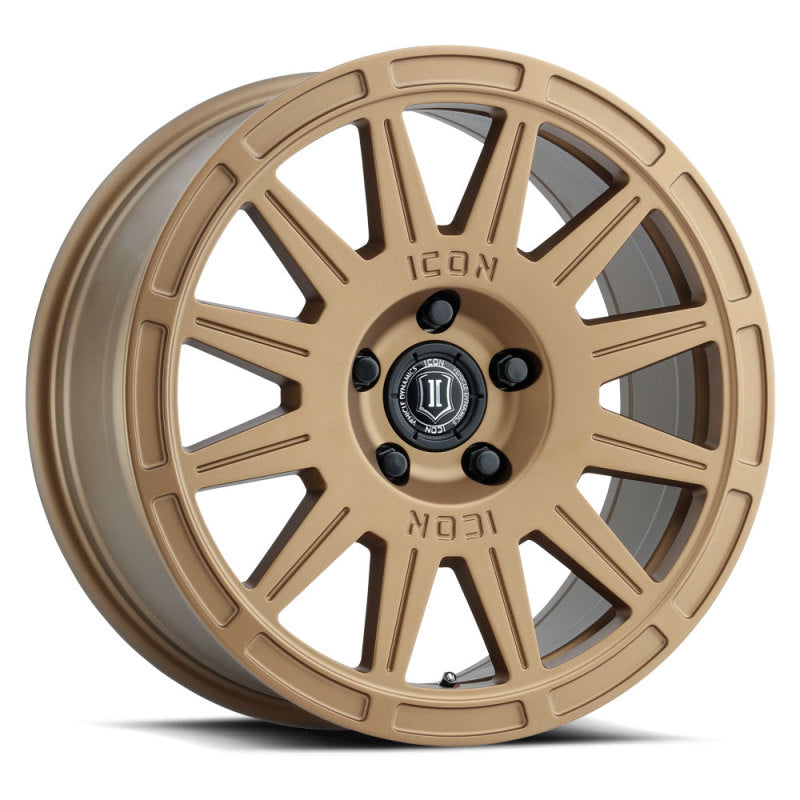 Load image into Gallery viewer, ICON Ricochet 17x8 5x100 38mm Offset 6in BS Satin Gold Wheel
