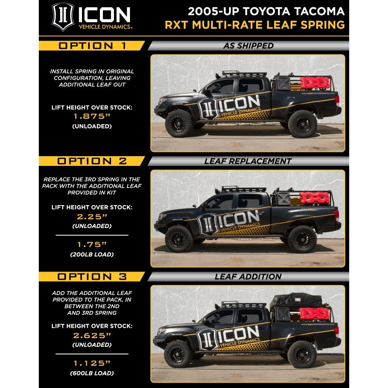 Load image into Gallery viewer, ICON 2005+ Toyota Tacoma Multi Rate RXT Leaf Pack w/Add In Leaf
