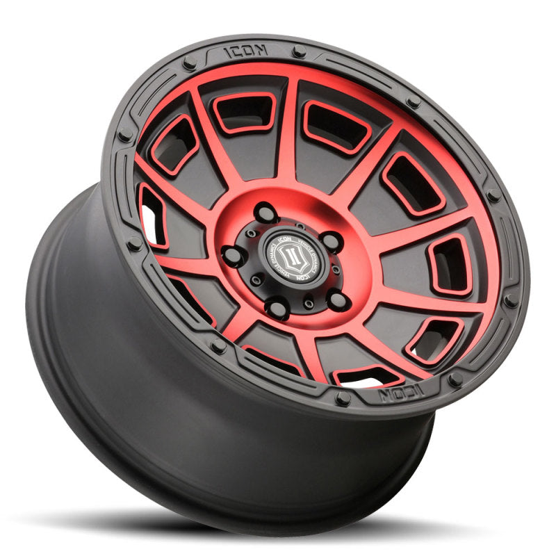 Load image into Gallery viewer, ICON Victory 17x8.5 6x120 0mm Offset 4.75in BS Satin Black w/Red Tint Wheel
