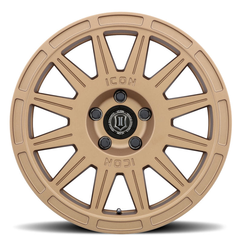 Load image into Gallery viewer, ICON Ricochet 17x8 5x100 38mm Offset 6in BS Satin Gold Wheel
