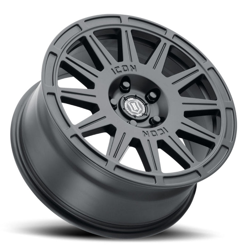 Load image into Gallery viewer, ICON Ricochet 17x8 5x108 38mm Offset 6in BS Satin Black Wheel
