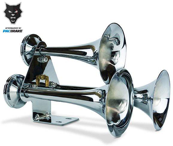 Load image into Gallery viewer, PacBrake | Basic Triple Train Horn Kit For Onboard Air Cast Zinc Alloy / Stainless Steel Chrome Finish
