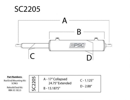 PSC | Single Ended Steering Cylinder 2.5 Inch Bore X 8 Inch Stroke