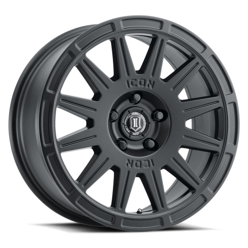 Load image into Gallery viewer, ICON Ricochet 17x8 5x108 38mm Offset 6in BS Satin Black Wheel
