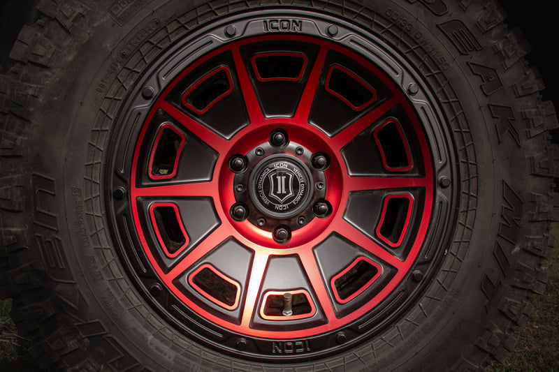Load image into Gallery viewer, ICON Victory17x8.5 6x5.5 0mm Offset 4.75in BS Satin Black w/Red Tint Wheel
