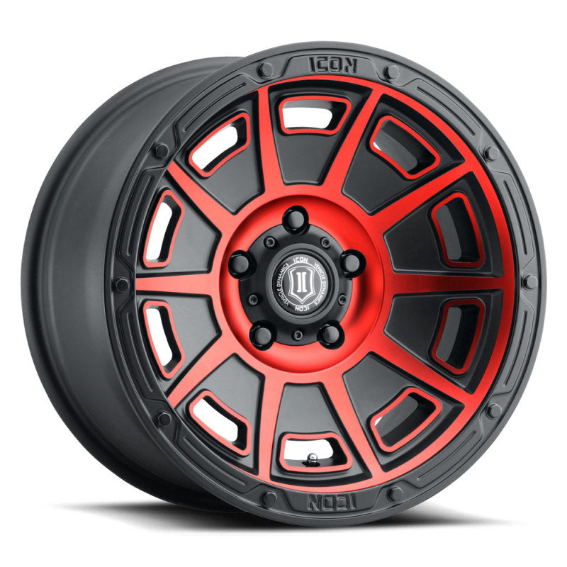 Load image into Gallery viewer, ICON Victory 17x8.5 5x4.5 0mm Offset 4.75in BS Satin Black w/Red Tint Wheel
