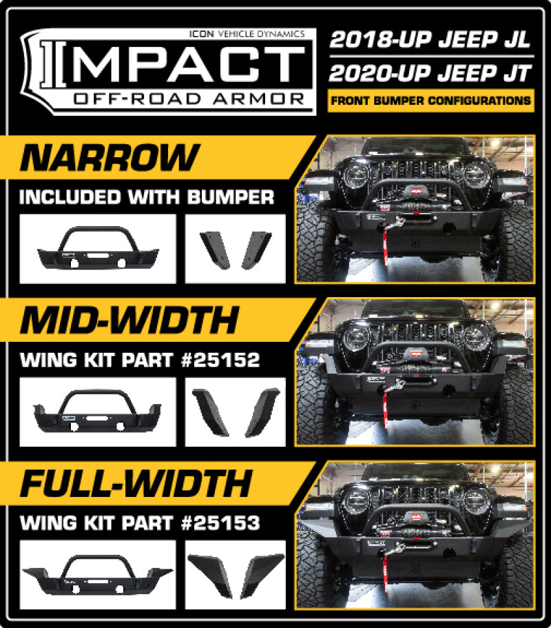 Load image into Gallery viewer, ICON 2018+ Jeep Wrangler JL / 2020+ JT Front Impact Bumper Full Width Wings
