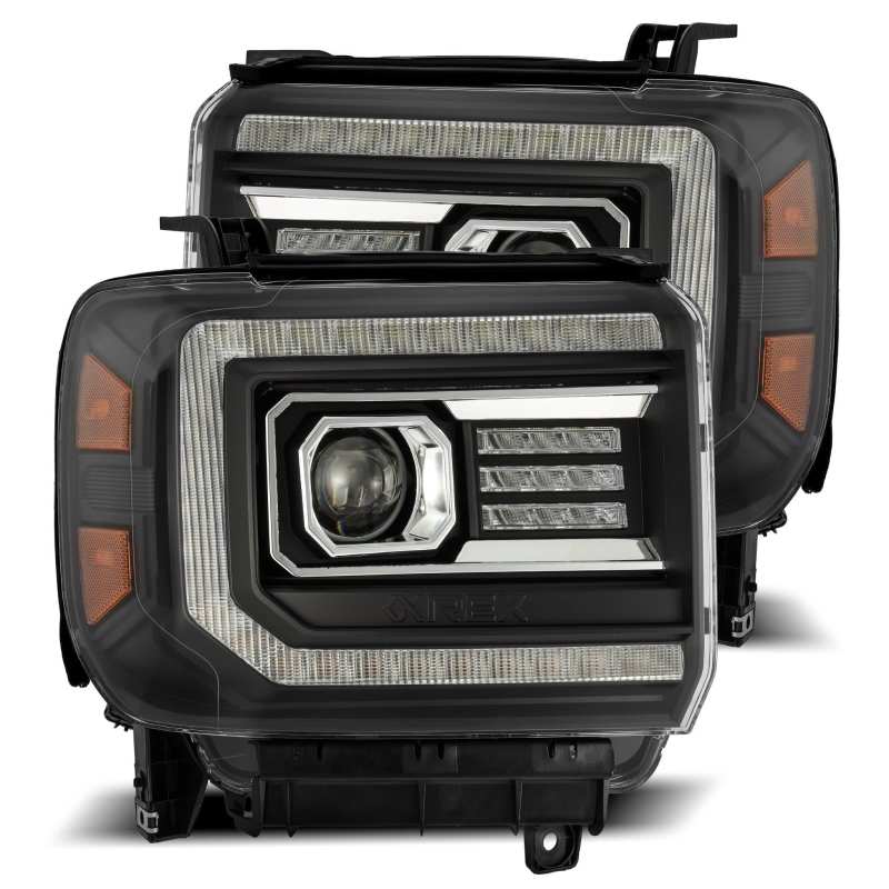 Load image into Gallery viewer, AlphaRex 14-18 GMC Sierra LUXX LED Proj Headlights Plank Style Black w/Activ Light/Seq Signal/DRL
